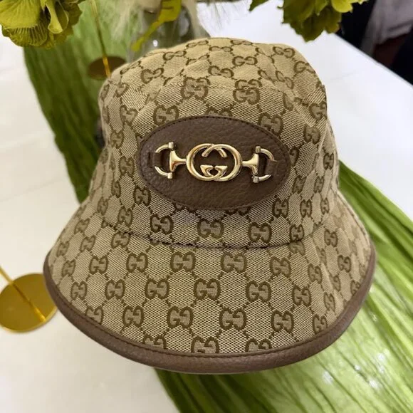 Gucci GG Supreme Monogram Bucket Hat Horsebit Gold Logo Beige Brown Italy - Picture 3 of 6